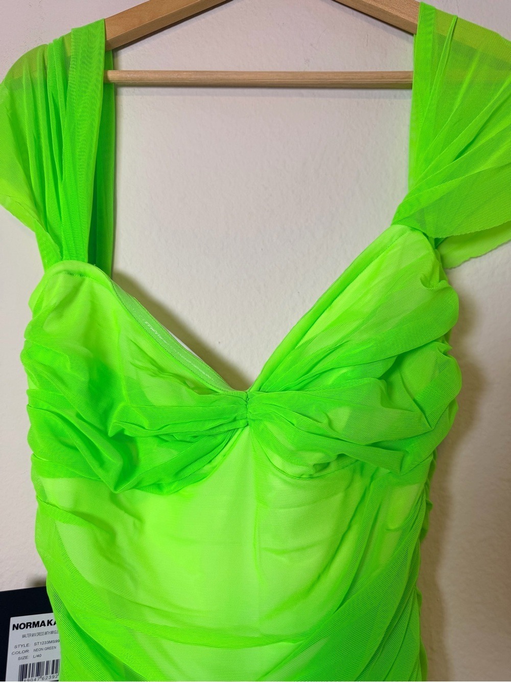 NWT Norma Kamali Walter Ruched Mesh Mini Dress Neon Green L - Picture 4 of 8